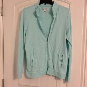 PETER MILLAR women’s size large light blue long sleeve 100% cotton fulll zip  up